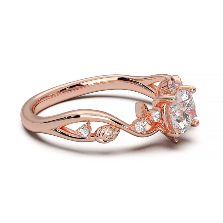 Leaf Vine Diamond Ring with Twisted Band and Round Brilliant Cut Center Stone
