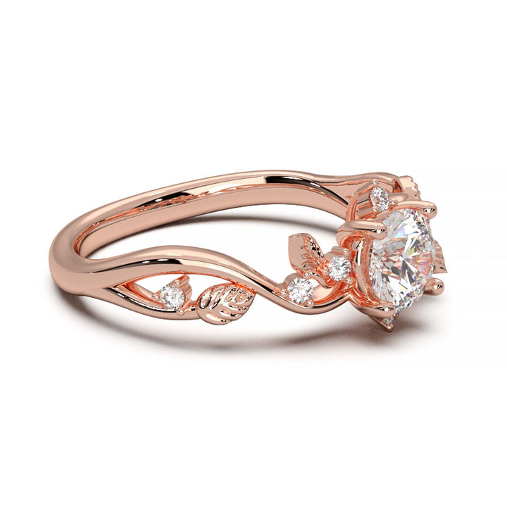 Leaf Vine Diamond Ring with Twisted Band and Round Brilliant Cut Center Stone