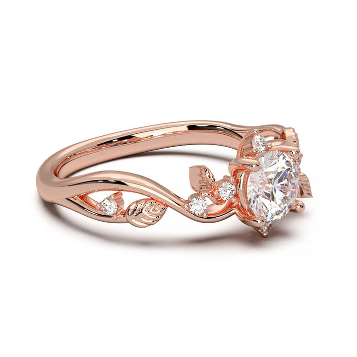 Leaf Vine Diamond Ring with Twisted Band and Round Brilliant Cut Center Stone
