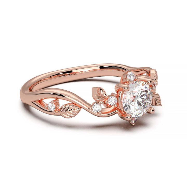 Leaf Vine Diamond Ring with Twisted Band and Round Brilliant Cut Center Stone