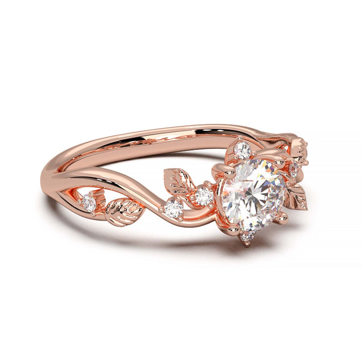 Leaf Vine Diamond Ring with Twisted Band and Round Brilliant Cut Center Stone
