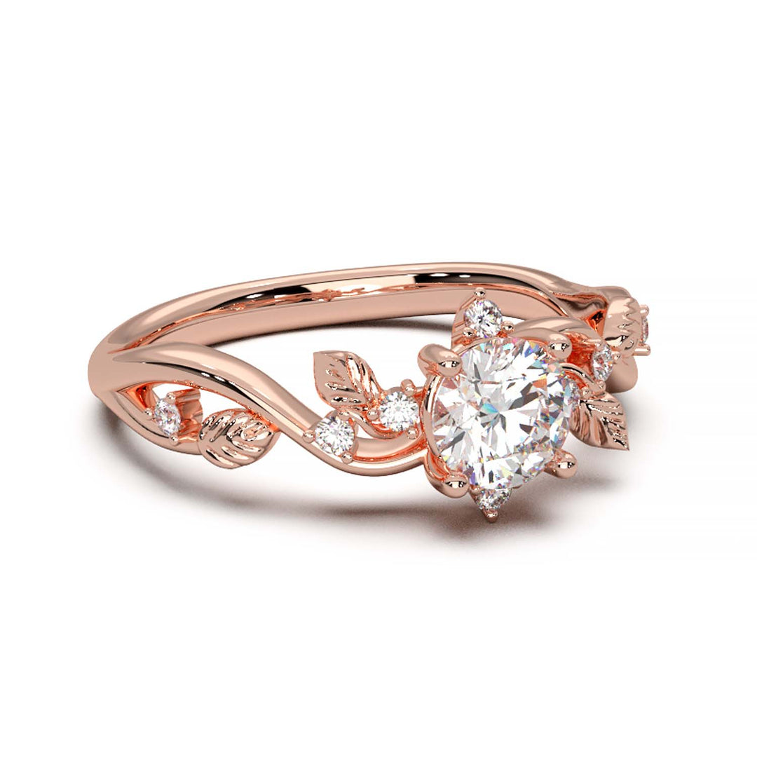 Leaf Vine Diamond Ring with Twisted Band and Round Brilliant Cut Center Stone