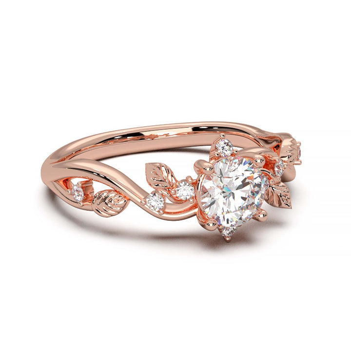 Leaf Vine Diamond Ring with Twisted Band and Round Brilliant Cut Center Stone