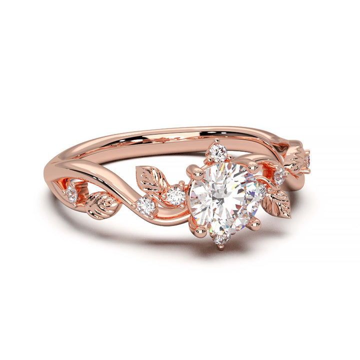 Leaf Vine Diamond Ring with Twisted Band and Round Brilliant Cut Center Stone