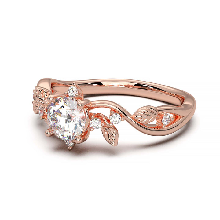 Leaf Vine Diamond Ring with Twisted Band and Round Brilliant Cut Center Stone