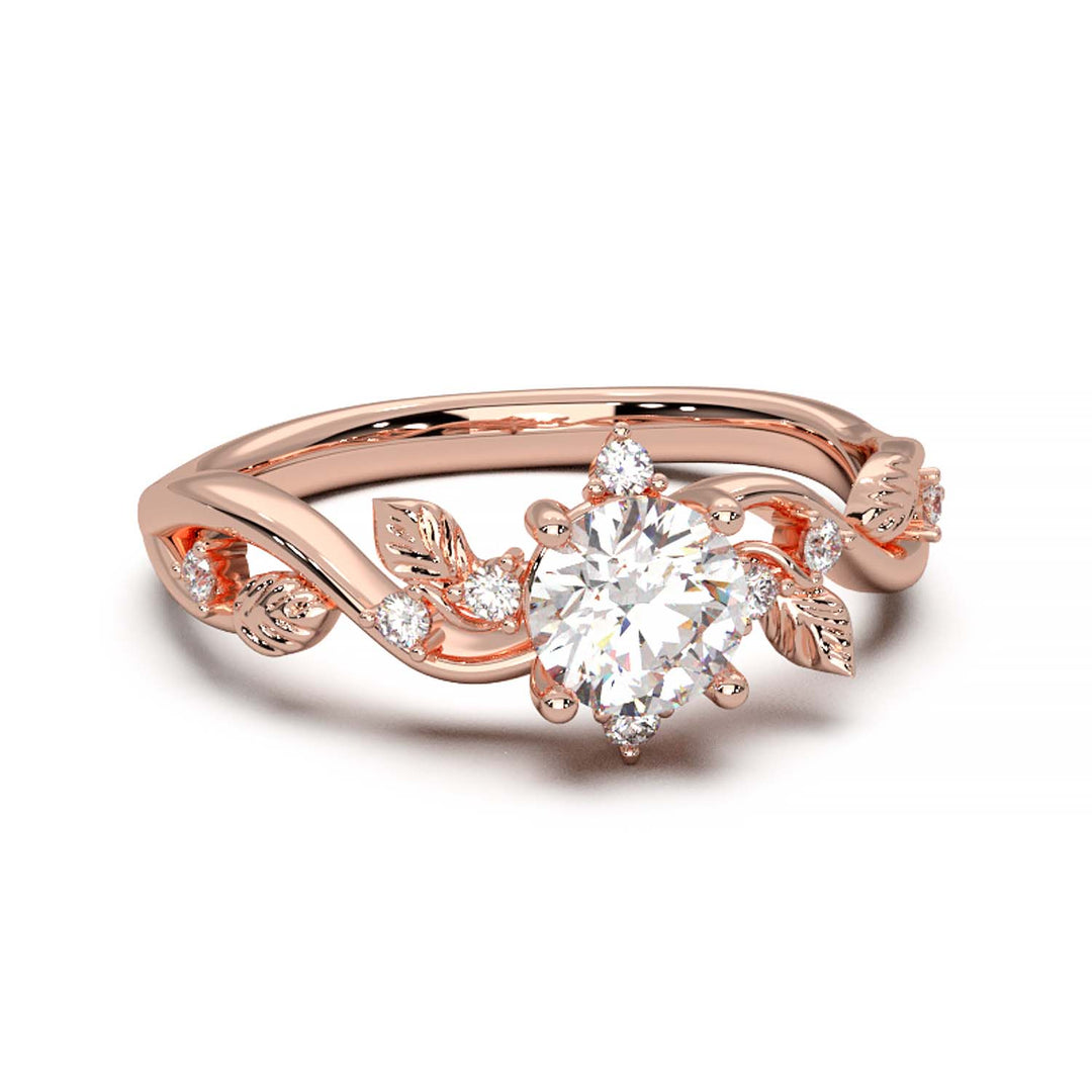 Leaf Vine Diamond Ring with Twisted Band and Round Brilliant Cut Center Stone