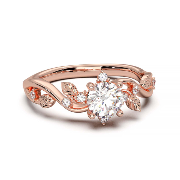Leaf Vine Diamond Ring with Twisted Band and Round Brilliant Cut Center Stone
