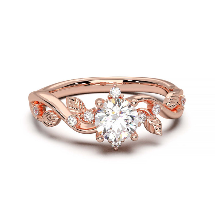 Leaf Vine Diamond Ring with Twisted Band and Round Brilliant Cut Center Stone