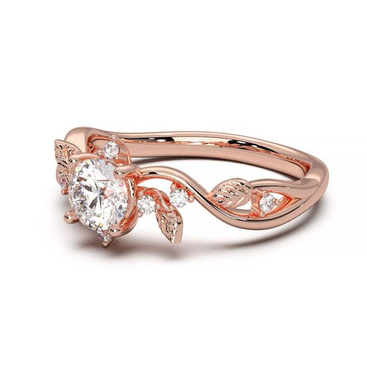Leaf Vine Diamond Ring with Twisted Band and Round Brilliant Cut Center Stone