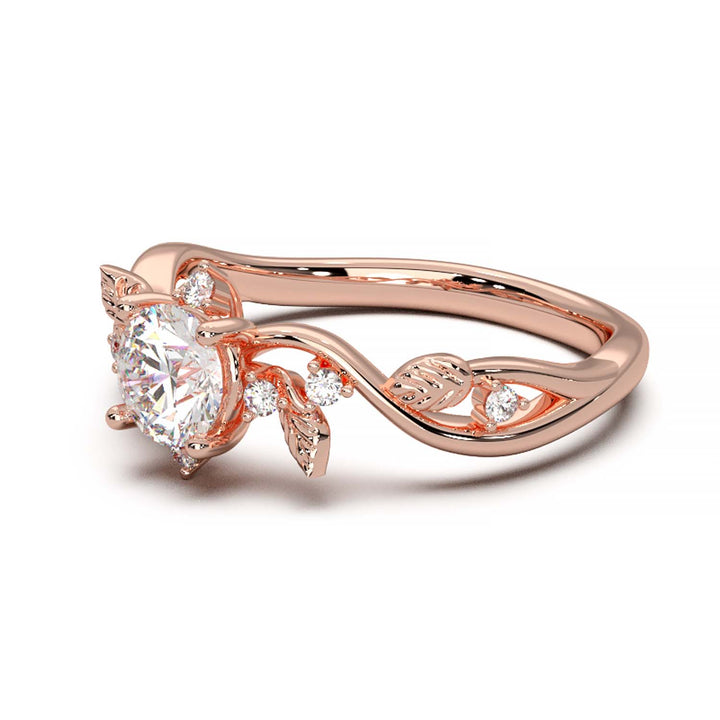 Leaf Vine Diamond Ring with Twisted Band and Round Brilliant Cut Center Stone