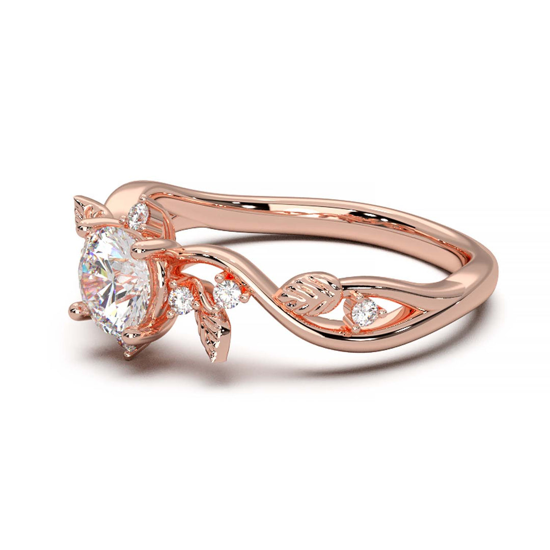 Leaf Vine Diamond Ring with Twisted Band and Round Brilliant Cut Center Stone