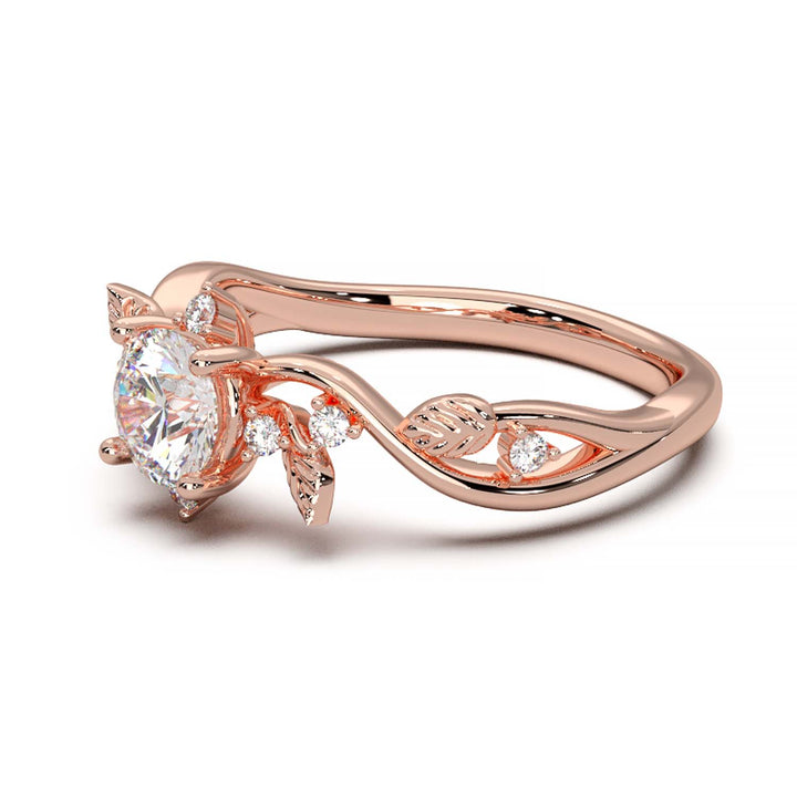 Leaf Vine Diamond Ring with Twisted Band and Round Brilliant Cut Center Stone