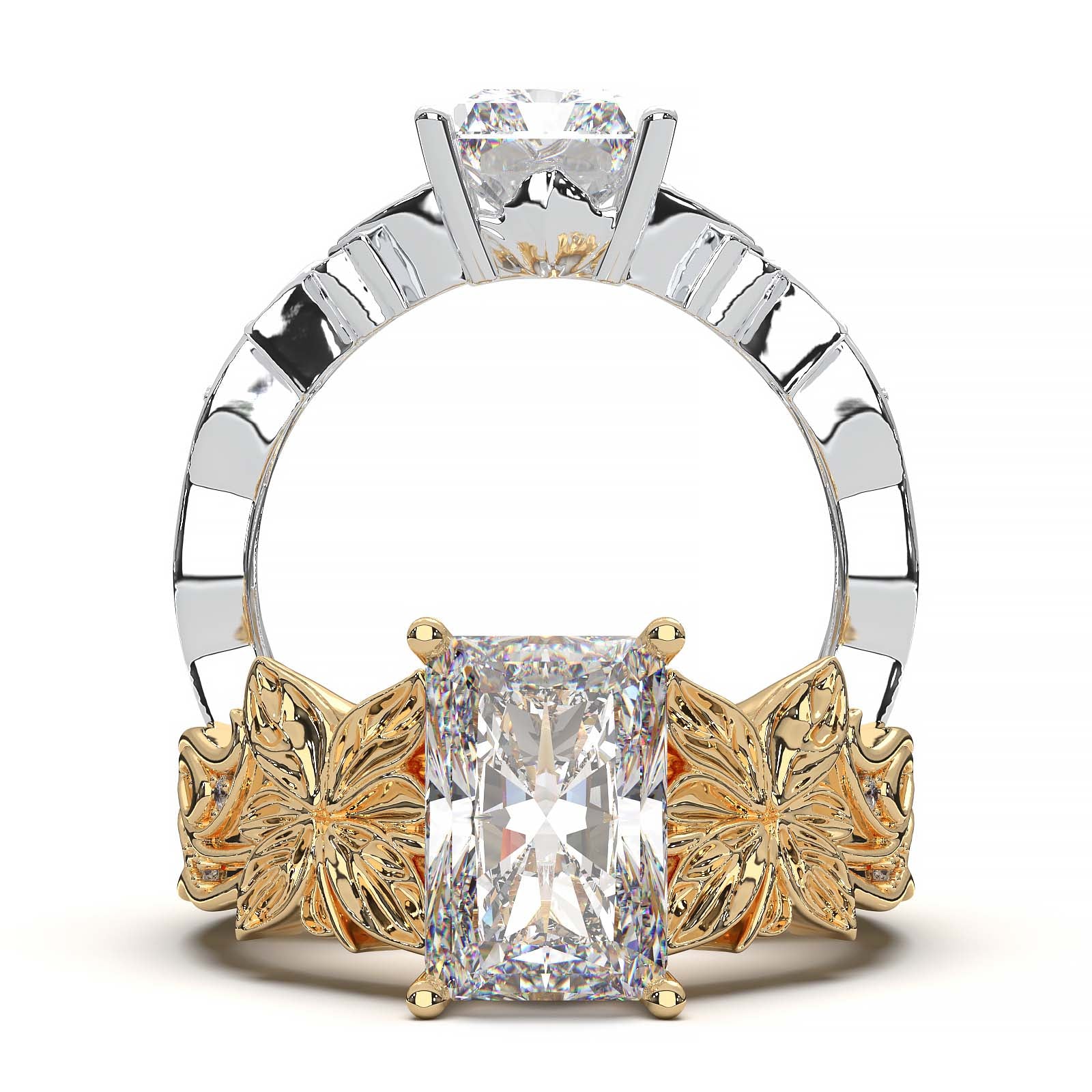 Radiant cut diamond engagement ring with floral leaf design.