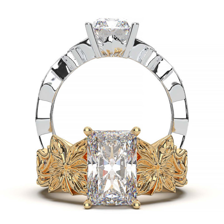 Radiant cut diamond engagement ring with floral leaf design.