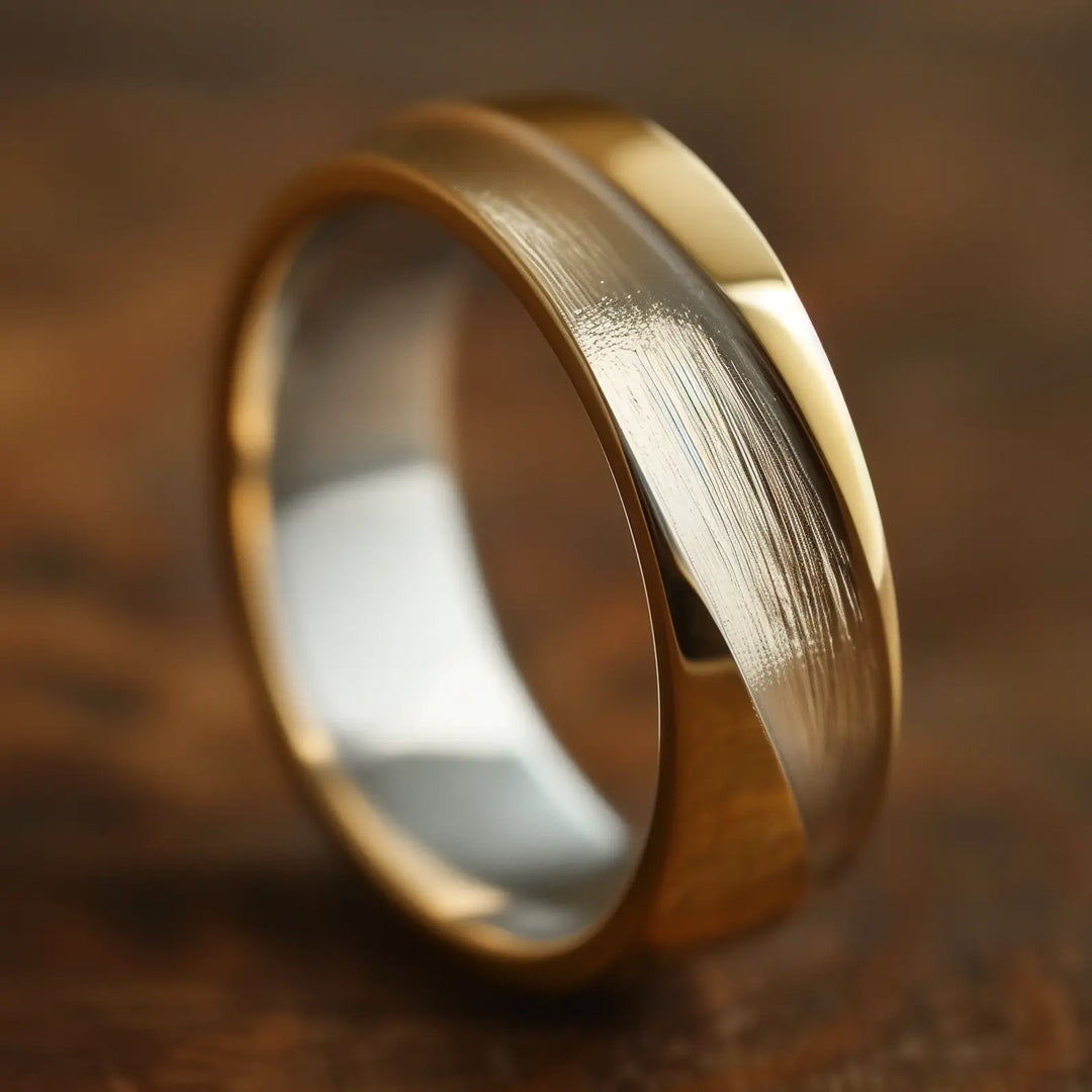 Men's wedding band with a brushed finish and asymmetric design, available in different shades of gold or platinum.