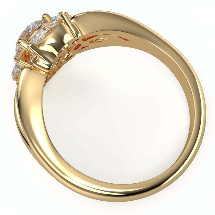 Oval lab-grown diamond ring with marquise and round halo, split shank design.