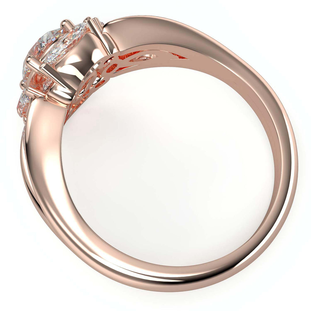 Oval lab-grown diamond ring with marquise and round halo, split shank design.