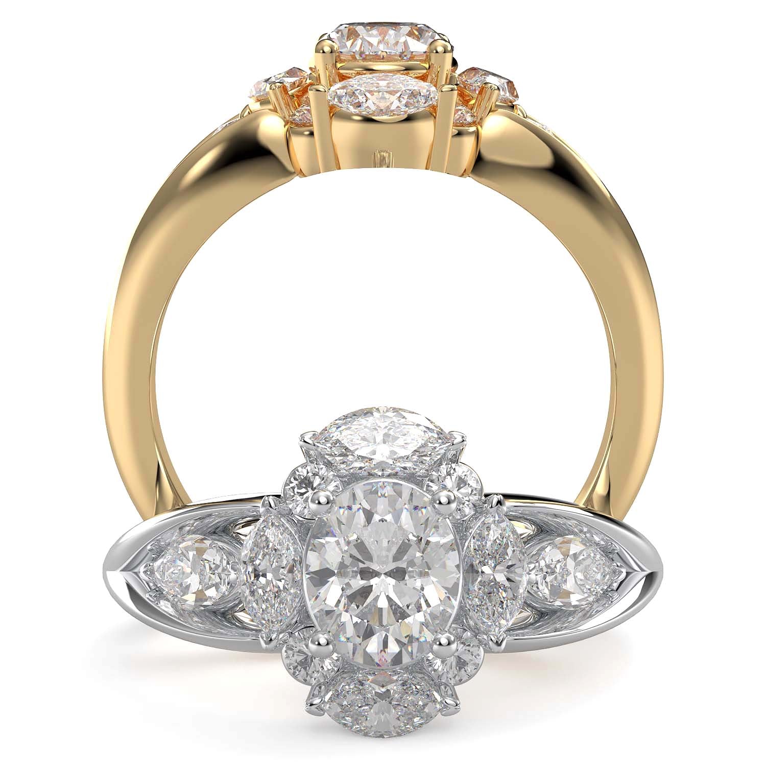 Oval lab-grown diamond ring with marquise and round halo, split shank design.