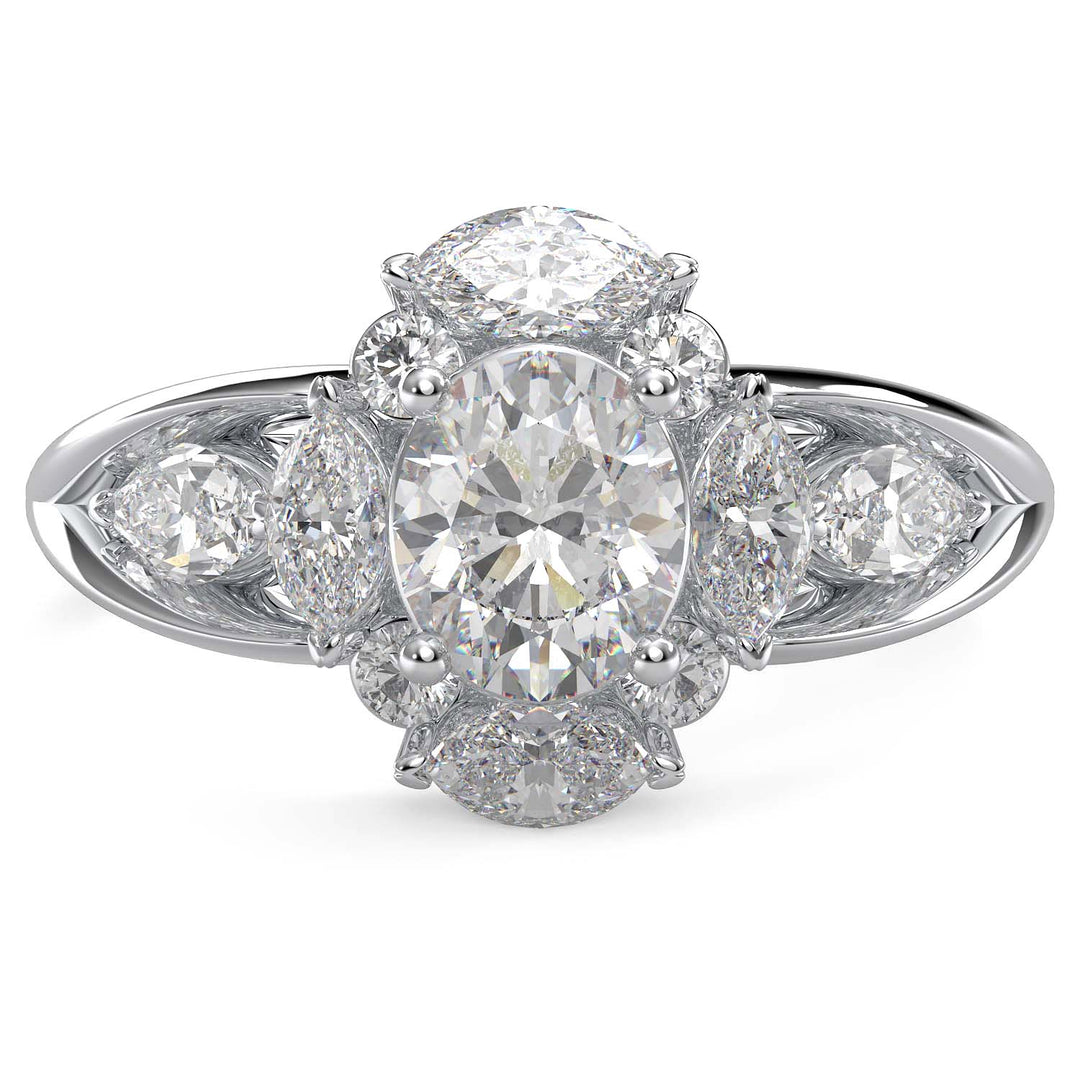 Oval lab-grown diamond ring with marquise and round halo, split shank design.