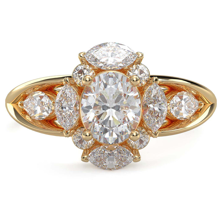 Oval lab-grown diamond ring with marquise and round halo, split shank design.