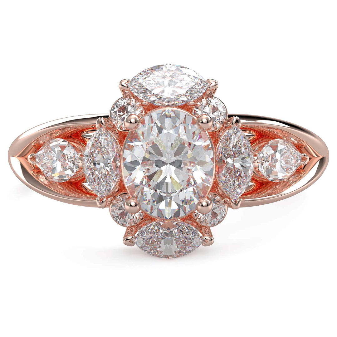Oval lab-grown diamond ring with marquise and round halo, split shank design.