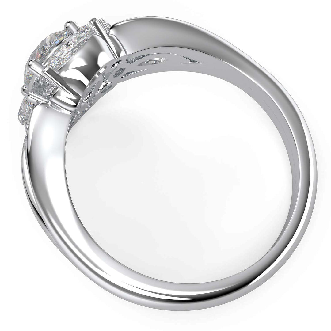 Oval lab-grown diamond ring with marquise and round halo, split shank design.