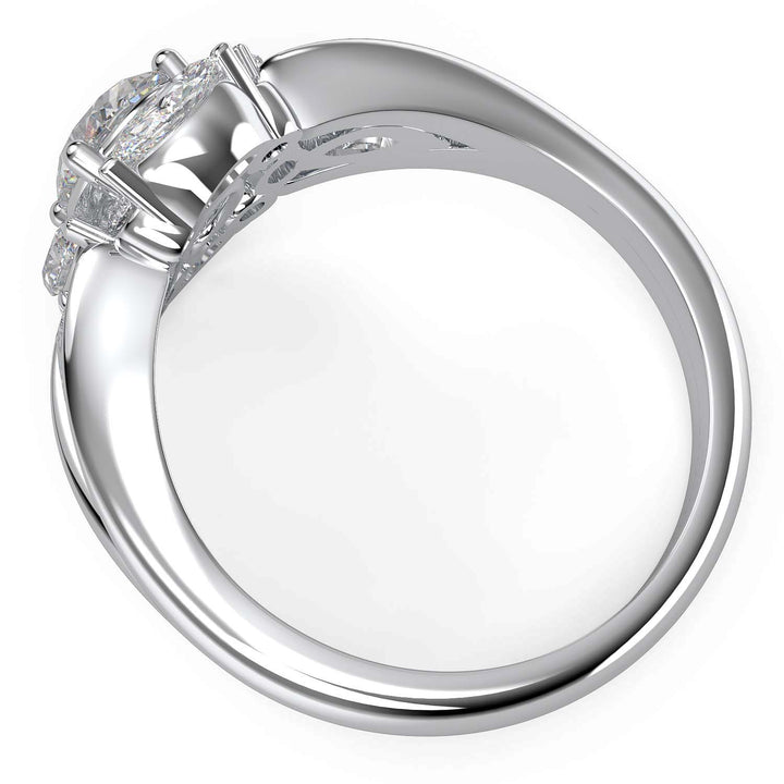 Oval lab-grown diamond ring with marquise and round halo, split shank design.