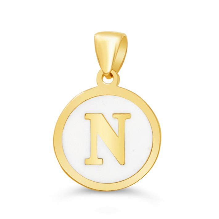 10K Gold Initial "N" Pendant with white enamel backdrop and polished gold frame.