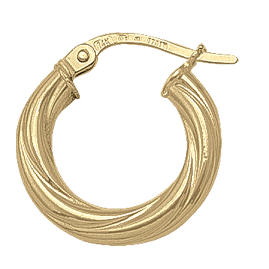 Yellow gold twisted hoop earrings with a 3mm tube and 15.6mm diameter, available in various karats, exuding elegance and craftsmanship.