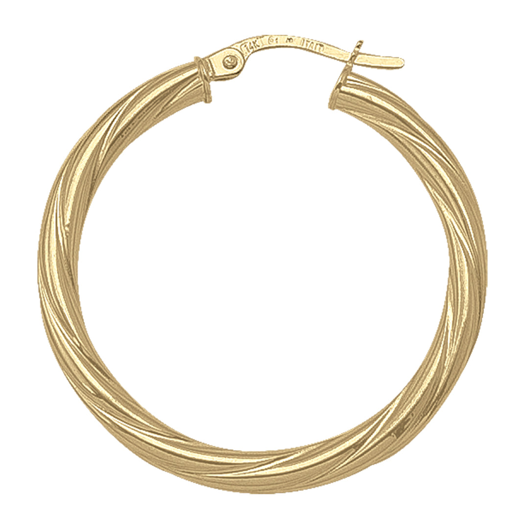 Yellow gold twisted hoop earrings with a 3mm tube and 30.1 mm diameter, available in various karats, exuding elegance and craftsmanship.