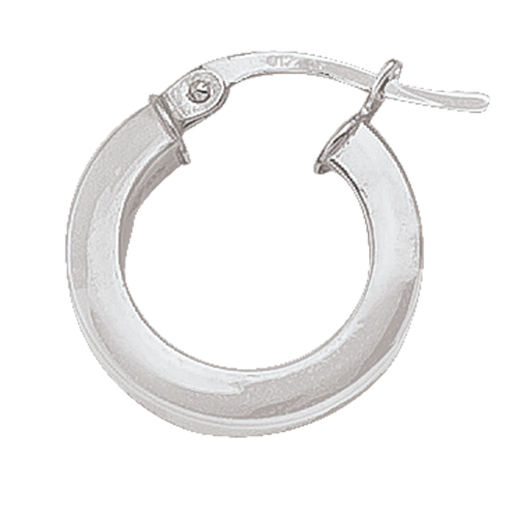 Square white gold hoop earrings with a 14.8mm size and 2.5mm wide tube, available in 10k, 14k, and 18k, featuring a polished finish.