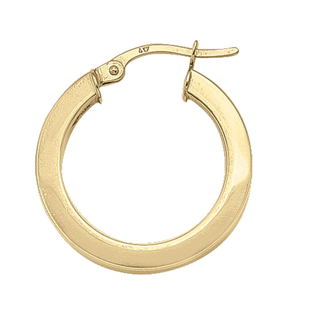 Square yellow gold hoop earrings with a 20mm size and 2.5mm wide tube, available in 10k, 14k, and 18k, featuring a polished finish.