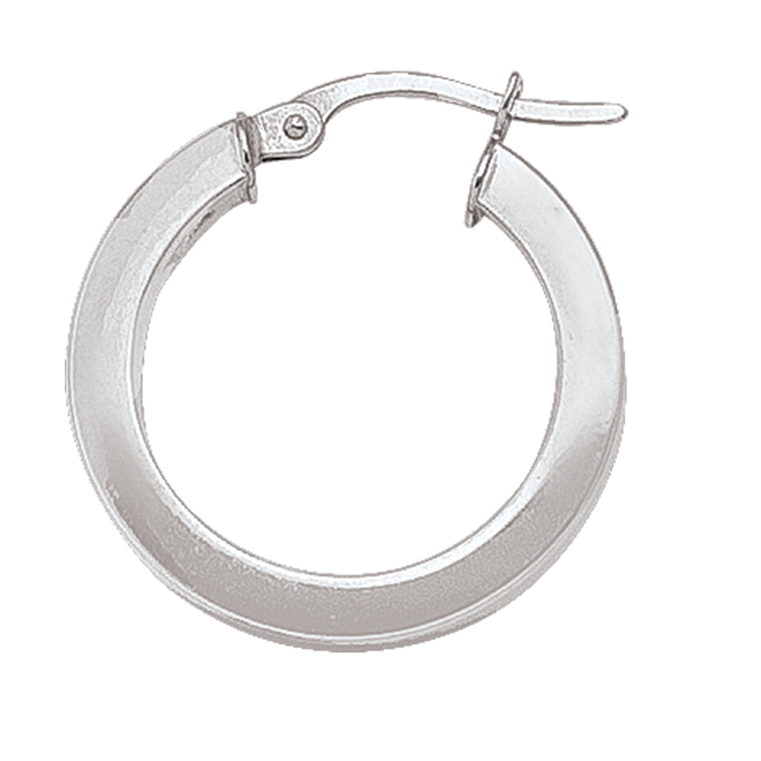 Square white gold hoop earrings with a 20mm size and 2.5mm wide tube, available in 10k, 14k, and 18k, featuring a polished finish.
