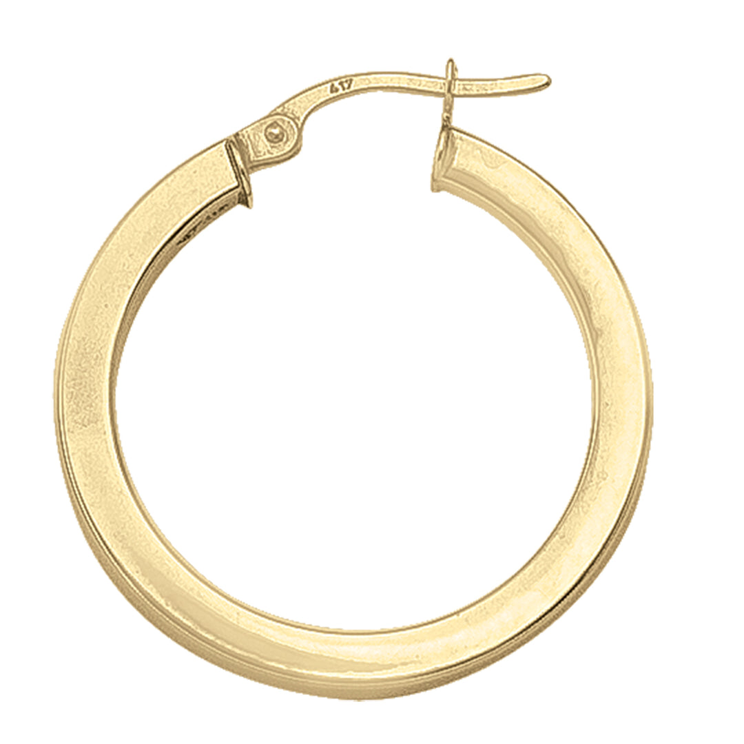 Square yellow gold hoop earrings with a 24.6mm size and 2.5mm wide tube, available in 10k, 14k, and 18k, featuring a polished finish.