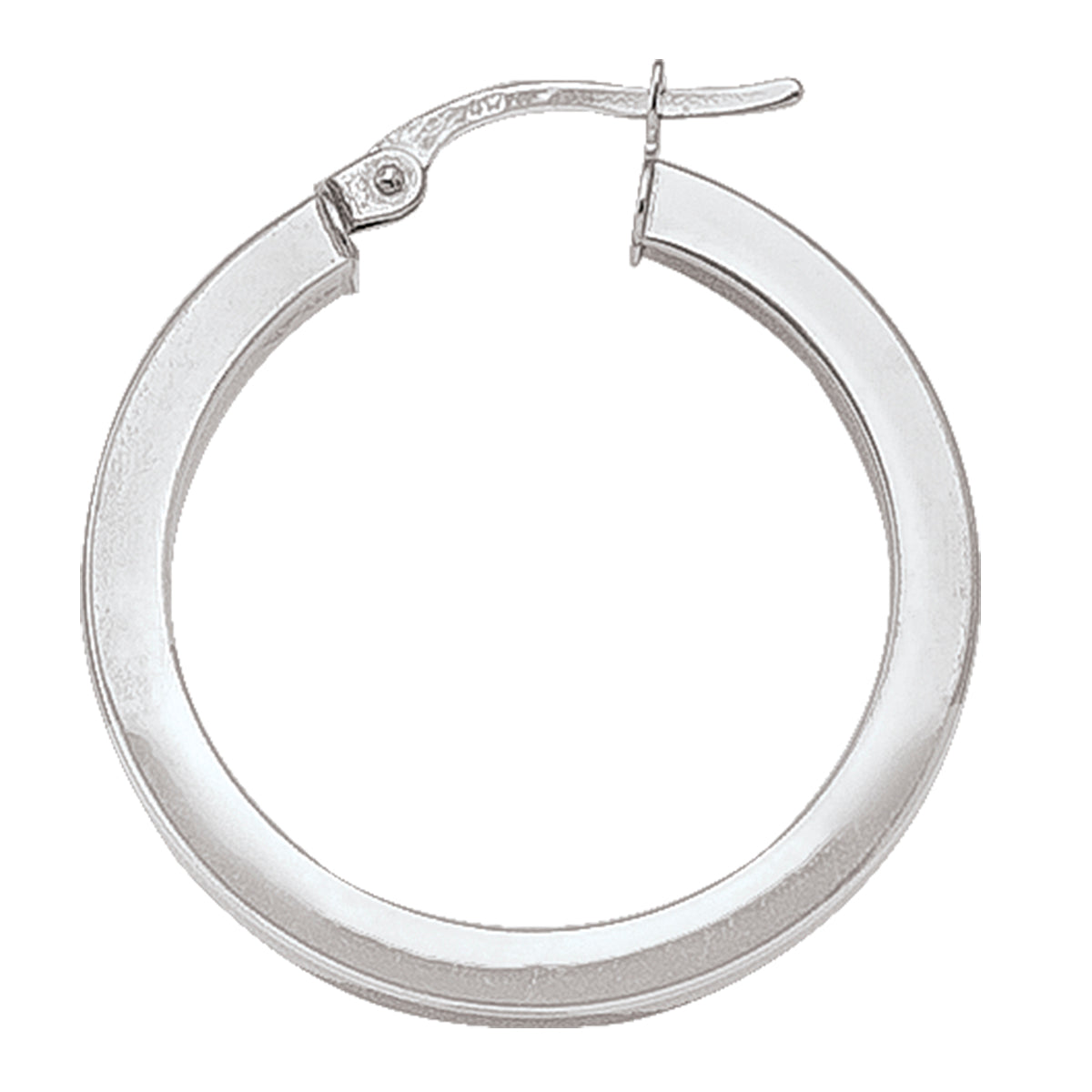 Square white gold hoop earrings with a 24.6mm size and 2.5mm wide tube, available in 10k, 14k, and 18k, featuring a polished finish.