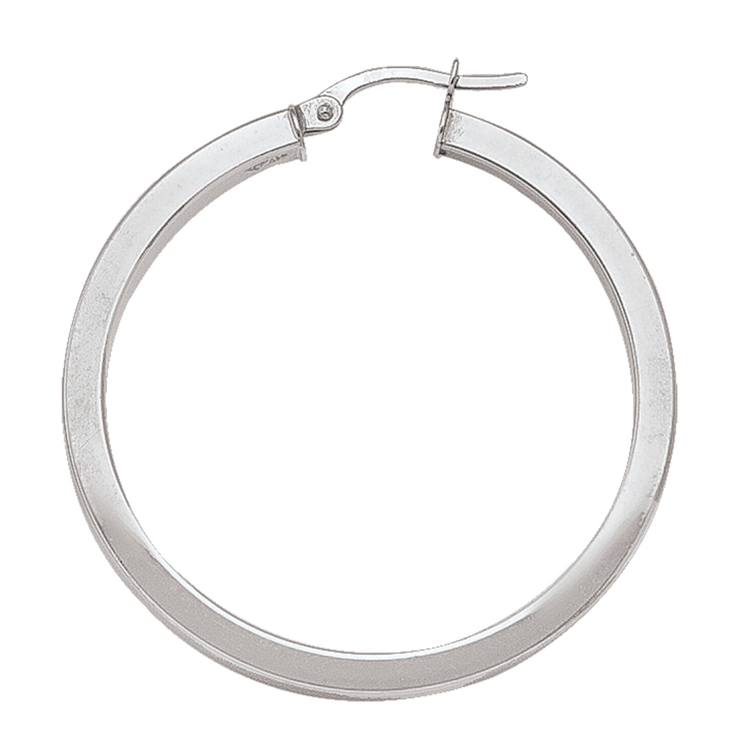 Square white gold hoop earrings with a 34.2mm size and 2.5mm wide tube, available in 10k, 14k, and 18k, featuring a polished finish.