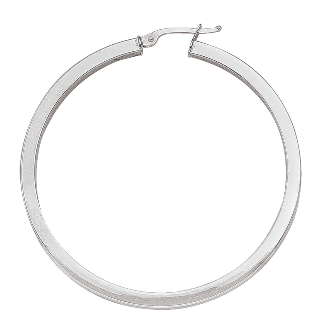Square white gold hoop earrings with a 44.3mm size and 2.5mm wide tube, available in 10k, 14k, and 18k, featuring a polished finish.