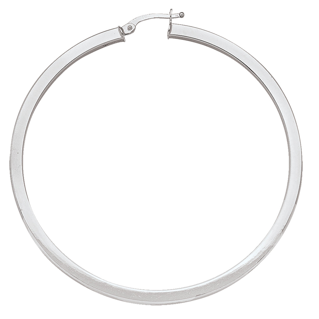 Square white gold hoop earrings with a 54.5mm size and 2.5mm wide tube, available in 10k, 14k, and 18k, featuring a polished finish.
