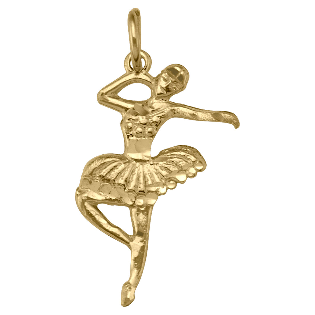 10K yellow gold charm depicting a ballet dancer in a dynamic pose, showcasing detailed craftsmanship and artistic design, ideal for adding elegance to any jewelry ensemble.