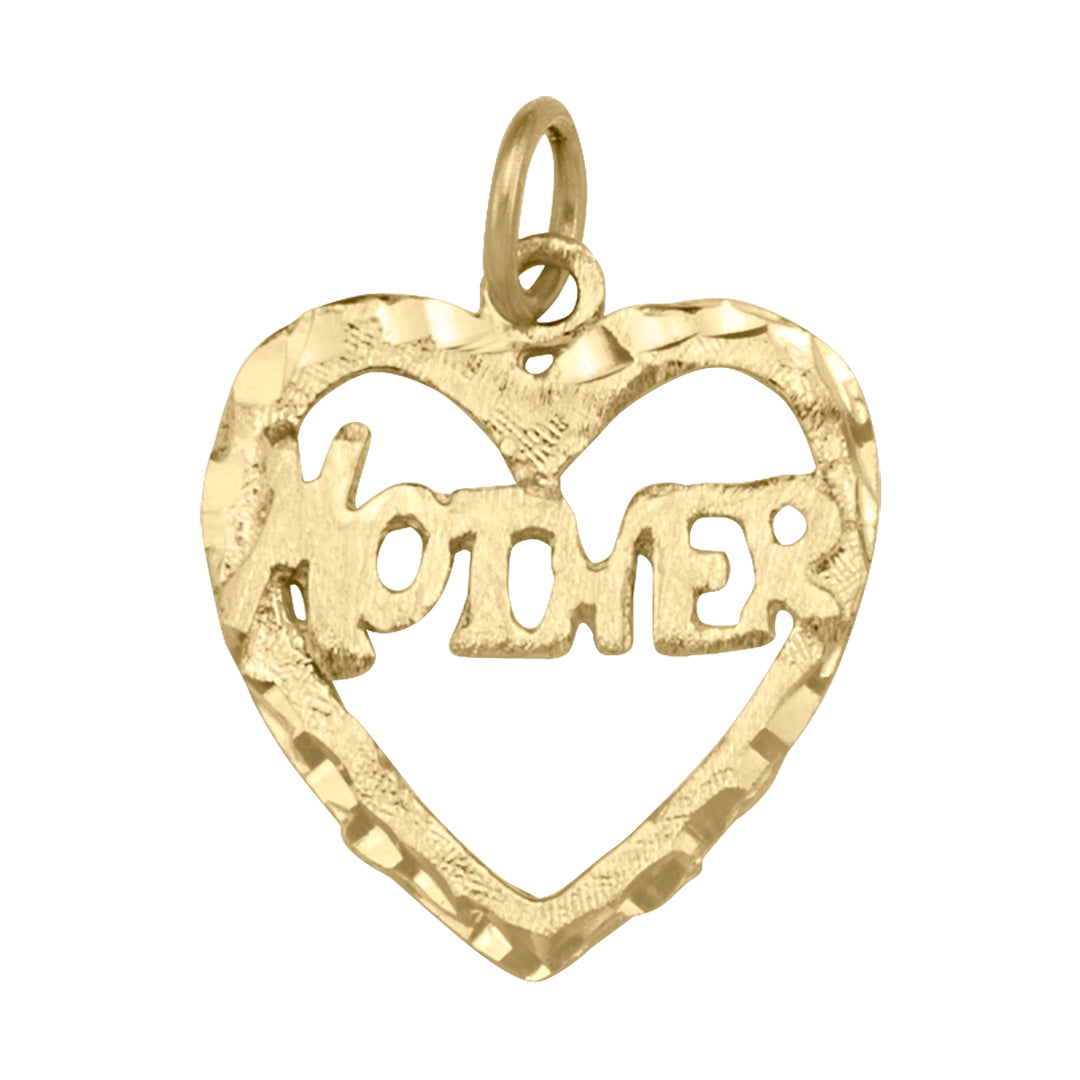 Elegant 10K yellow gold charm shaped like a heart with "Mother" inscribed, featuring a textured finish, ideal for adding a sentimental touch to any jewelry piece.
