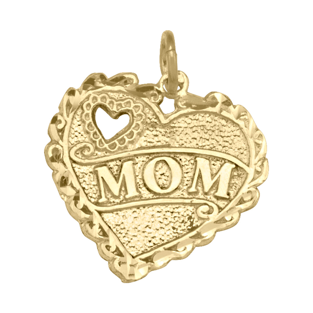 10K Yellow Gold Mom Heart Charm – Vintage-Style Lace Border