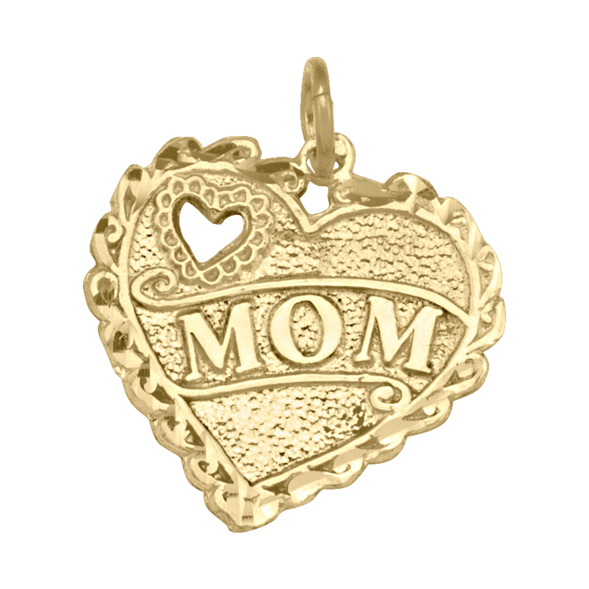 10K Yellow Gold Mom Heart Charm – Vintage-Style Lace Border
