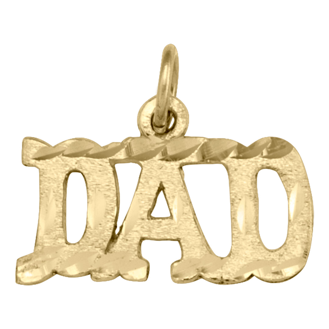 Solid 10K yellow gold charm featuring the word "DAD" in bold letters, perfect for adding to a bracelet or necklace as a symbol of familial love and appreciation.