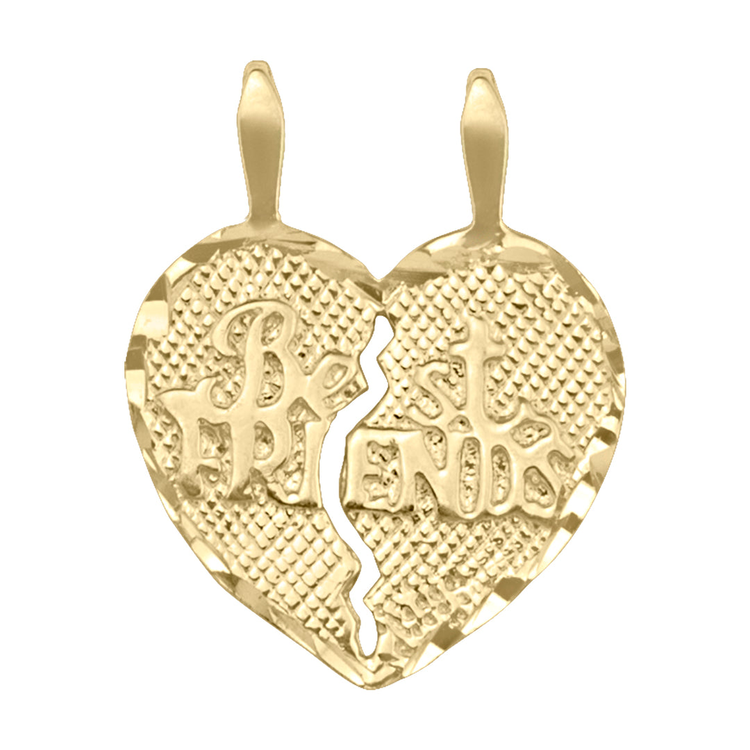 10K yellow gold best friends heart charm pendant split into two halves.