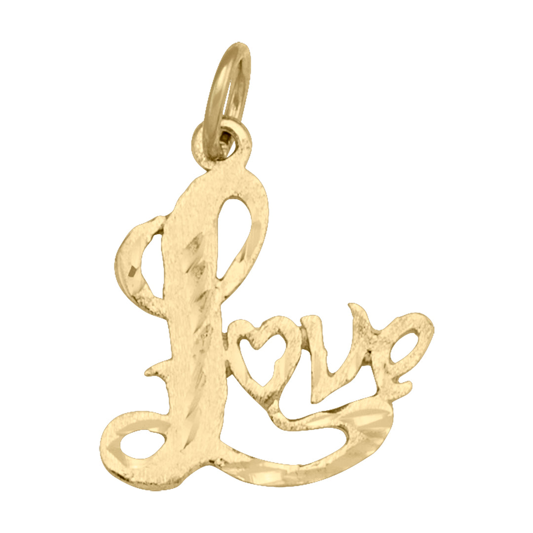 10K yellow gold love charm pendant with heart shape in the lettering.