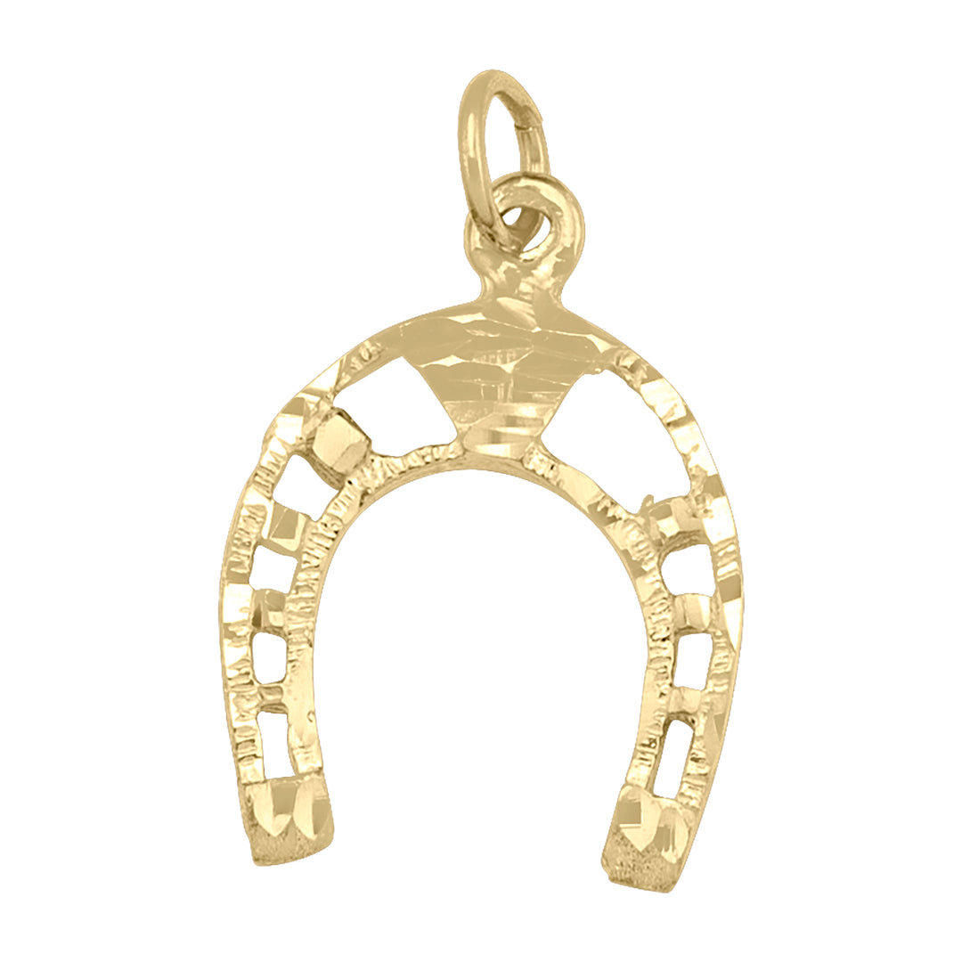 10K yellow gold horseshoe charm pendant with detailed open design.