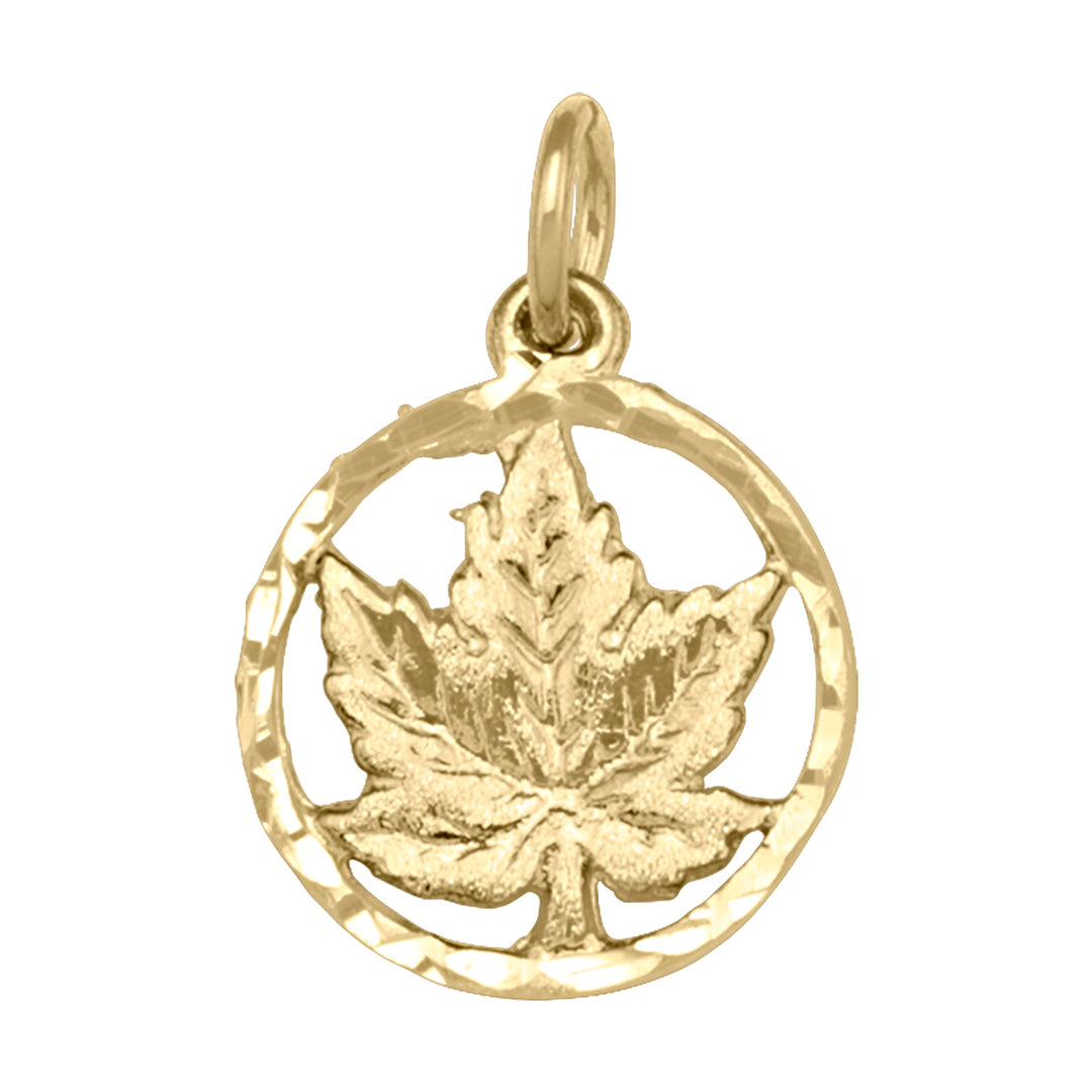 10K yellow gold maple leaf charm pendant with detailed leaf design in a circular frame.