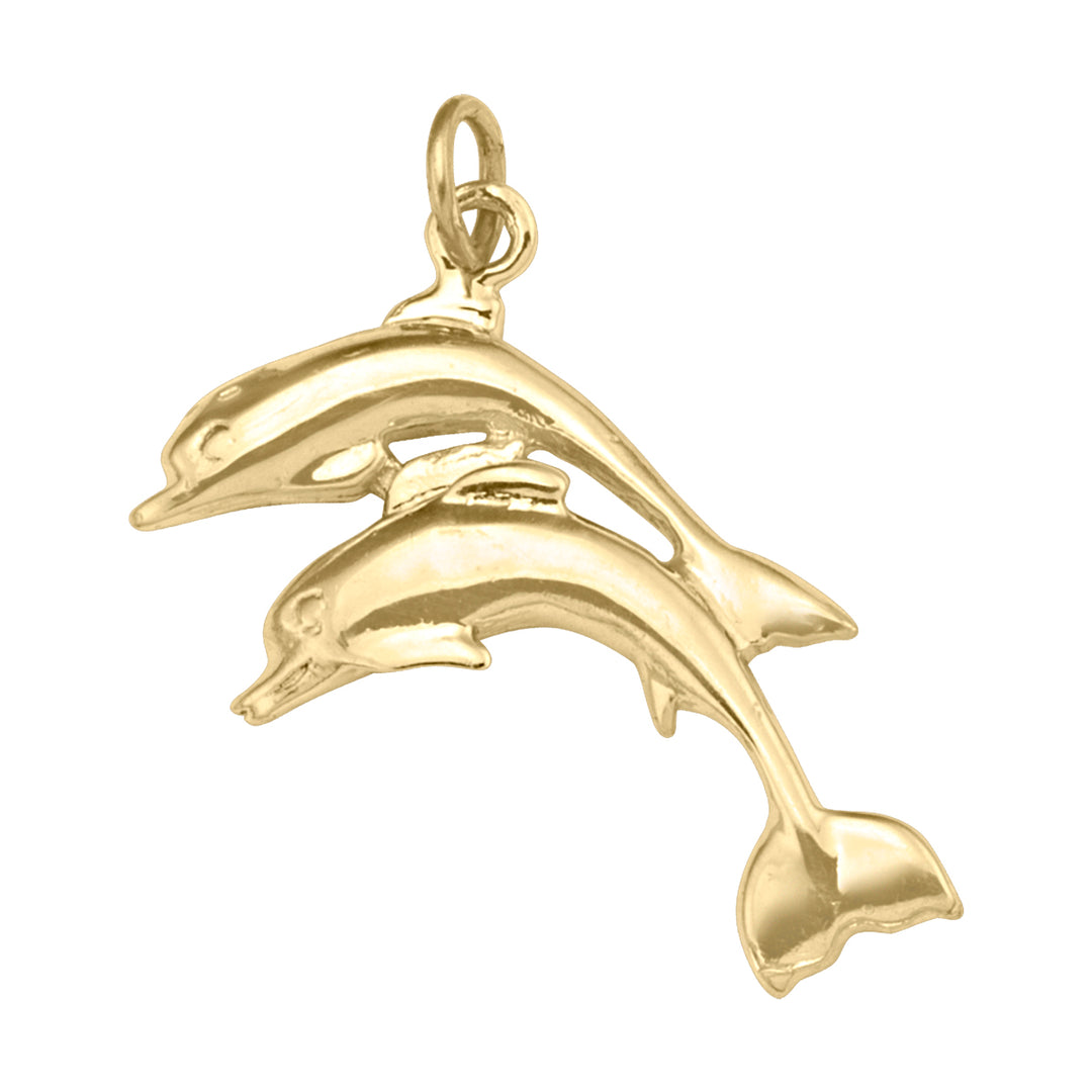 10K yellow gold double dolphin charm pendant with two dolphins in mid-leap.