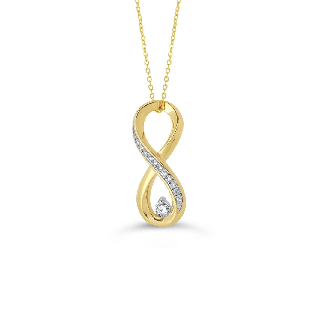 Chic 10K yellow gold infinity pendant with a central 0.05 ct diamond, intertwined within a sleek design, hanging gracefully on a matching gold chain. Ideal for expressing eternal bonds.