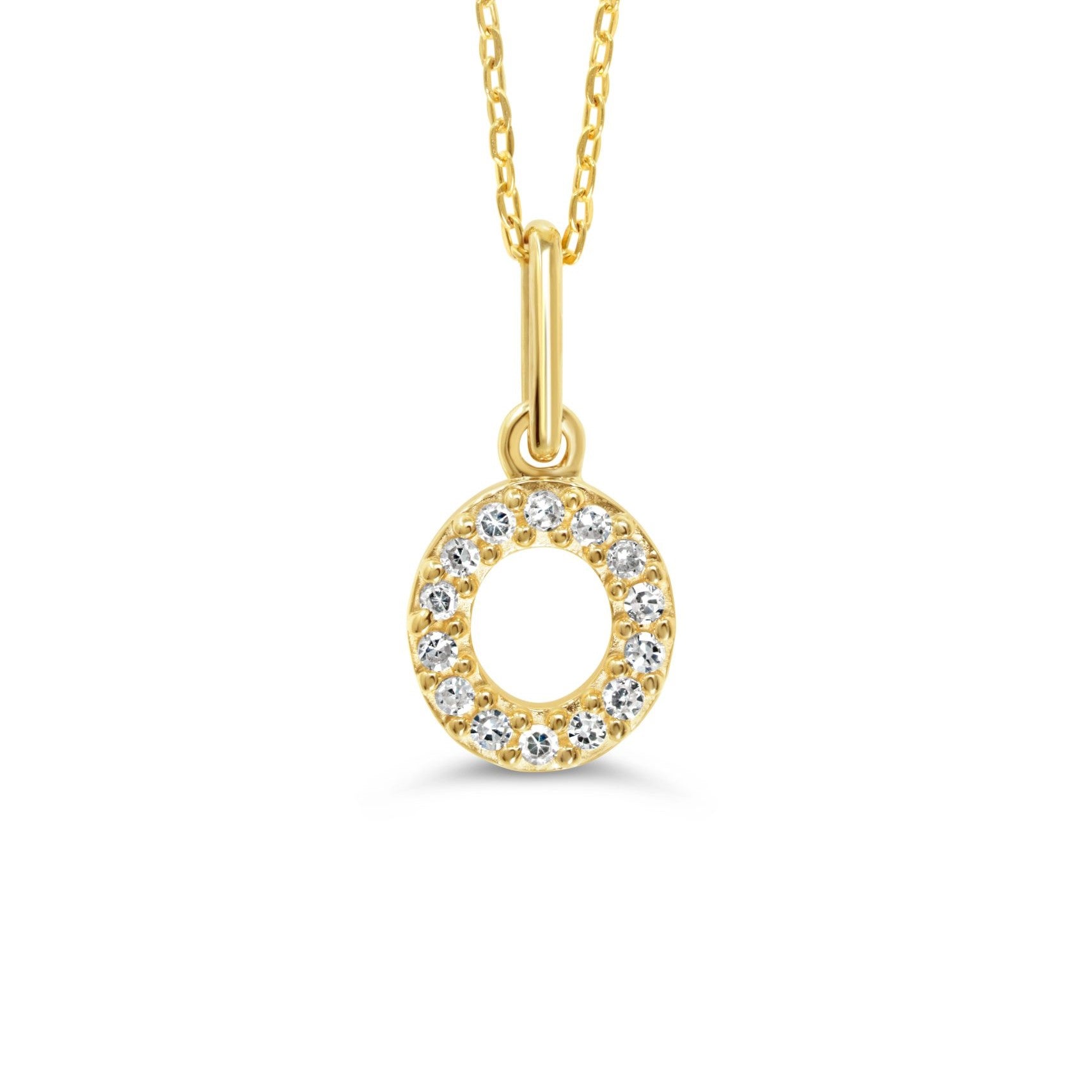 Yellow gold diamond "O" pendant necklace with 0.05CT diamonds and cable chain.